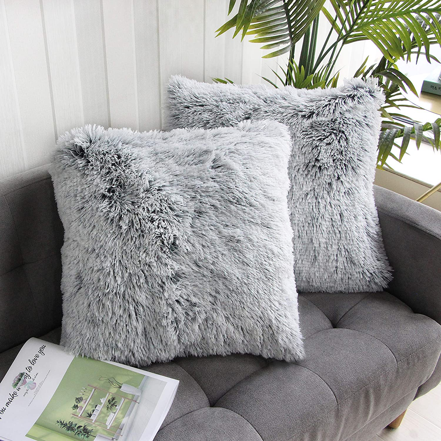 (2er Set) 45x45cm Kunstfell Kissen Bezug Flauschige Home Deko Kissenhülle - Weiss / Grau