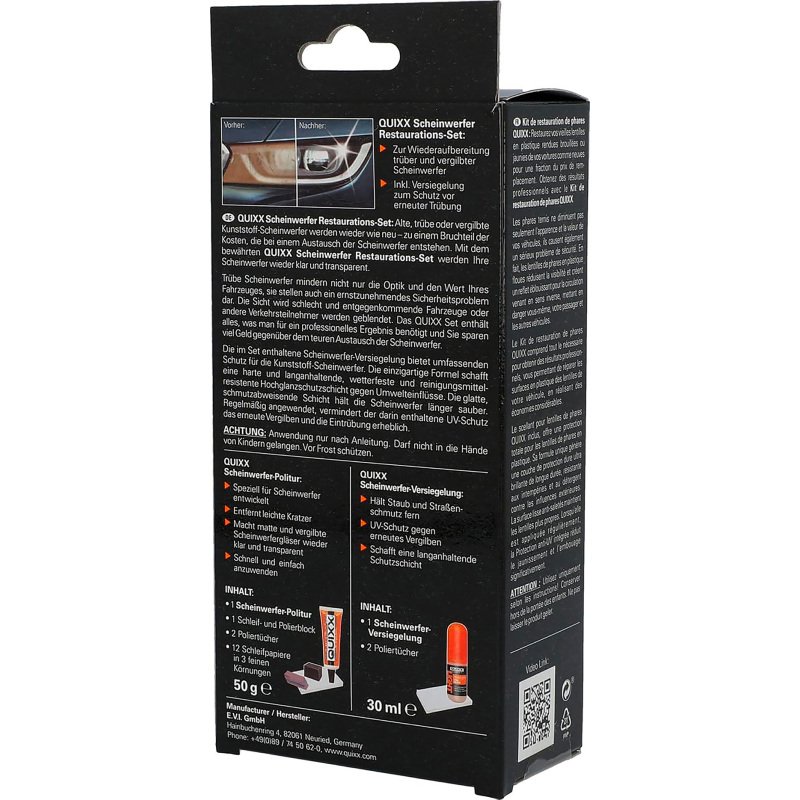 Kit de restauration pour phares de voiture Quixx Light, 19 pièces