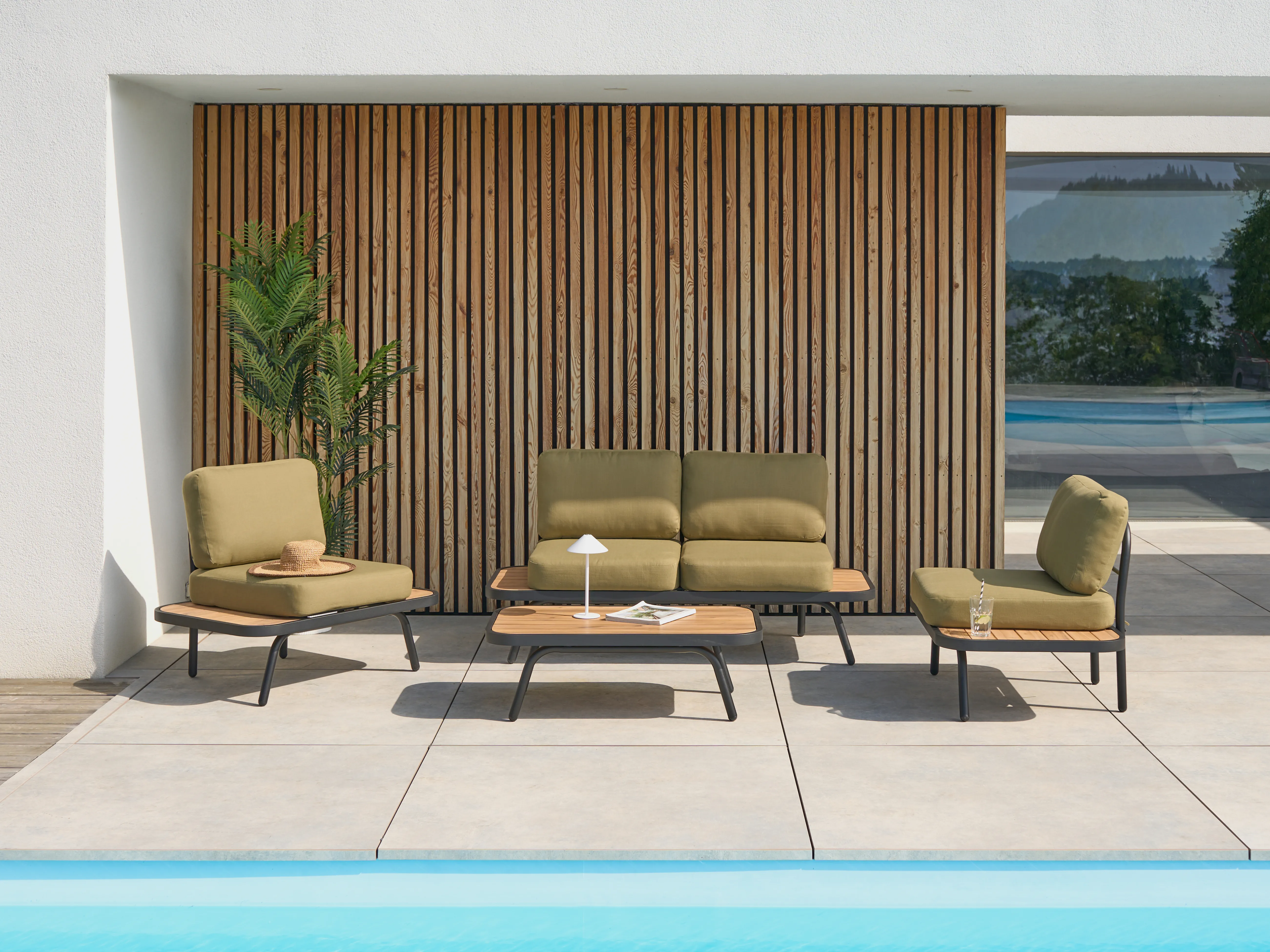 Loungeset met tafel 4-zits MINOZZO Gecertificeerd acaciahout Olijfgroen