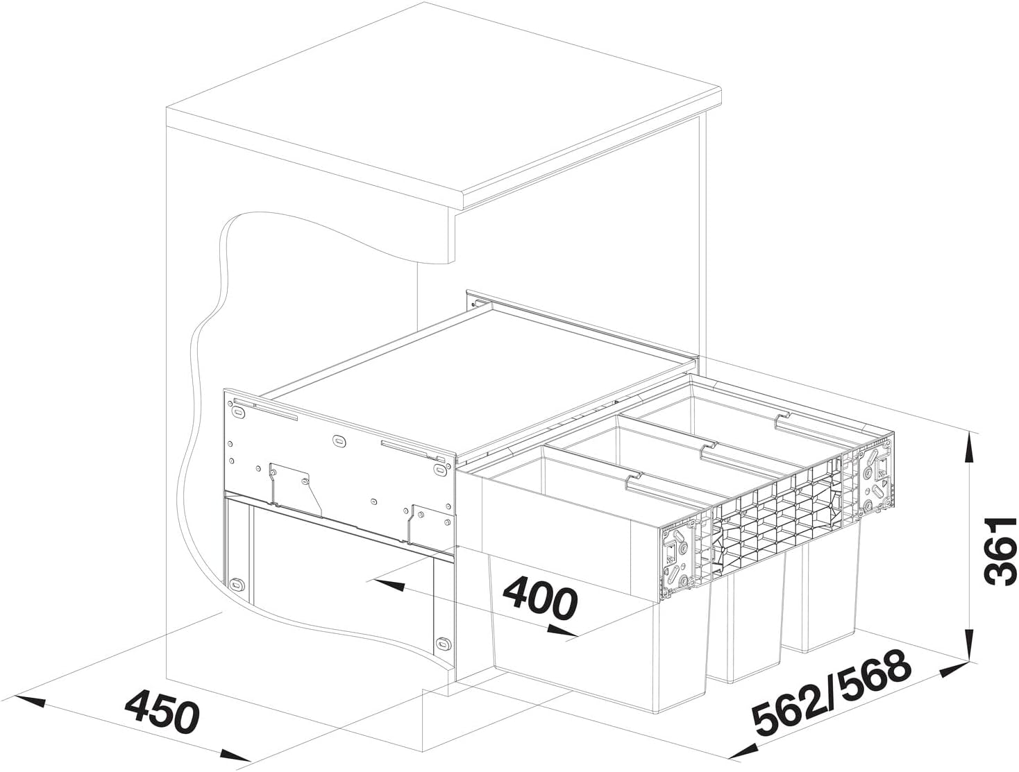 BLANCO SELECT II 60/3 | Abfall Müllsystem | für 60 cm breite Unterschränke | Auszugssystem zur Frontanbindung | Systemabdeckung | 3 x 15 Liter Eimer | 400mm Auszugstiefe | [56,8x40x36,1 cm]