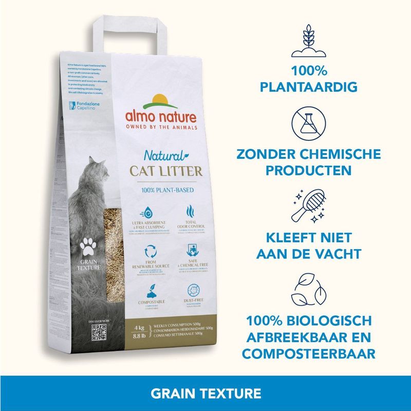 Almo Nature Cat Litter Grain Texture - 100% plantaardige eco-vriendelijke kattenbakvulling - Inhoud 4 kg