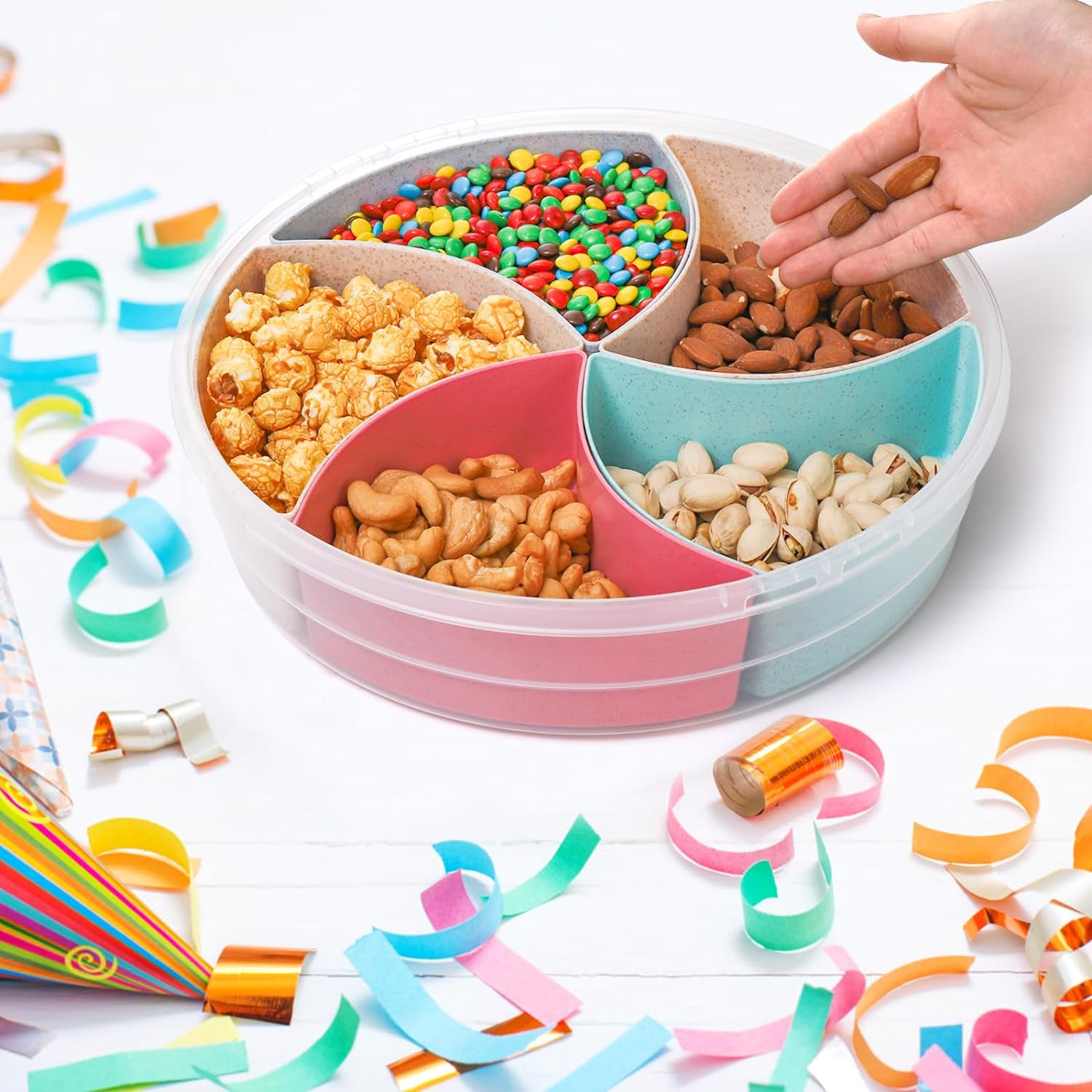 (Ø31x7cm) Party Snack Box Tragbarer Apéro Behälter mit Deckel   Schälchen für Chips / Nüsse / Süssigkeiten - Bunt