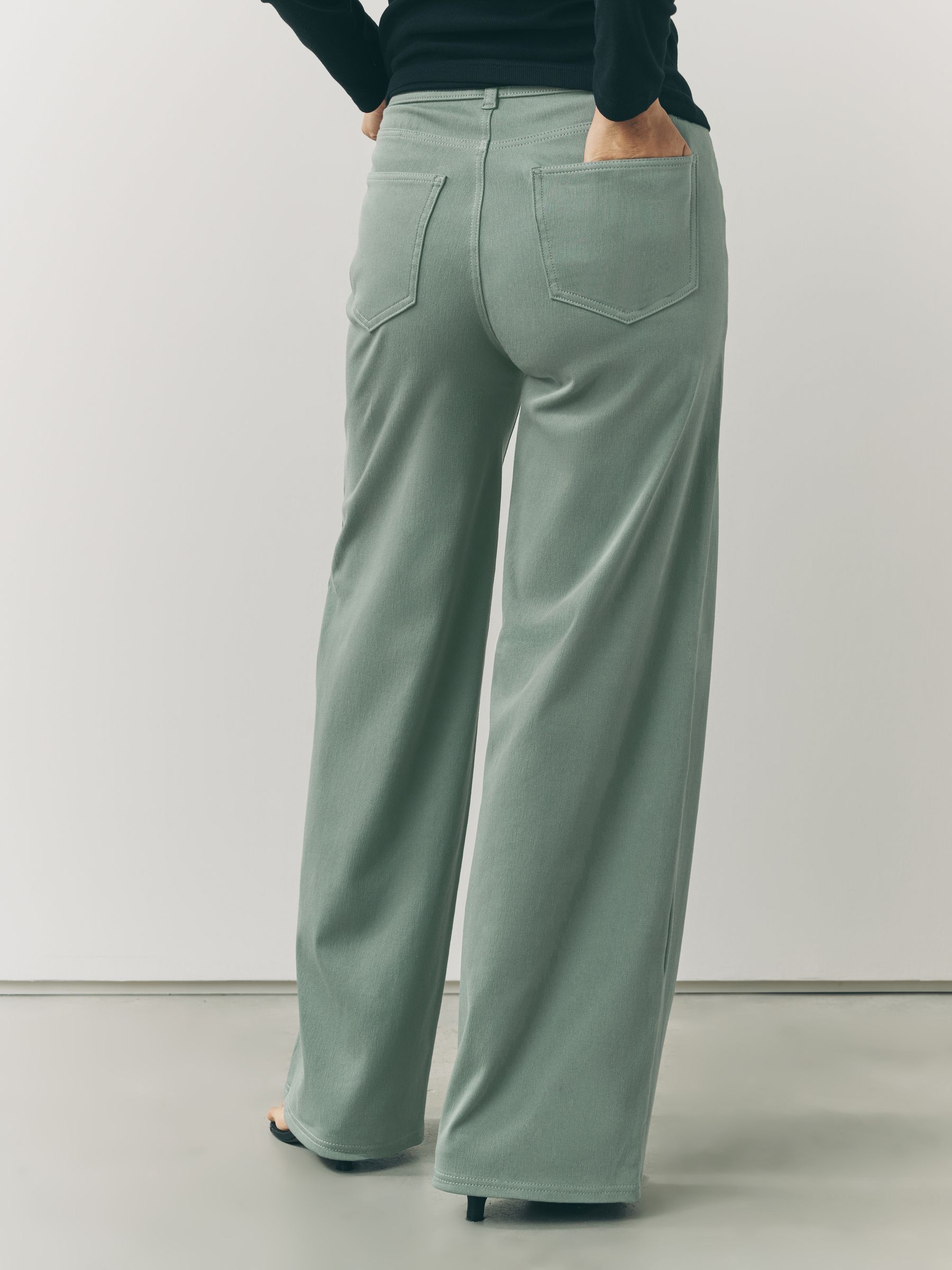 Grijs-groen - Jersey denim broek met wijde pijpen