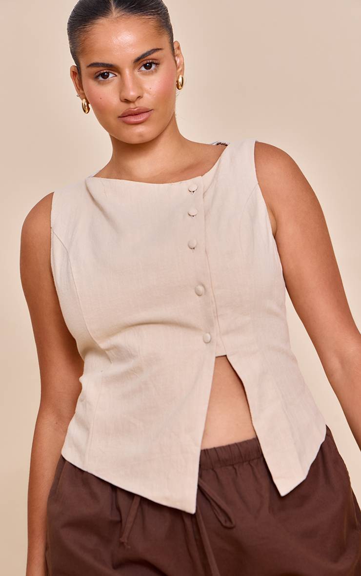 Naturel Gilet Sans Manches Grande Taille En Lin Premium Olive Asymétrique Avec Boutons