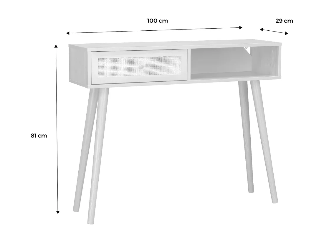 Console en cannage 100x29x81cm - Bohème - Naturel. 1 tiroir.1 espace de rangement. pieds scandinaves décor bois. 1 poignée