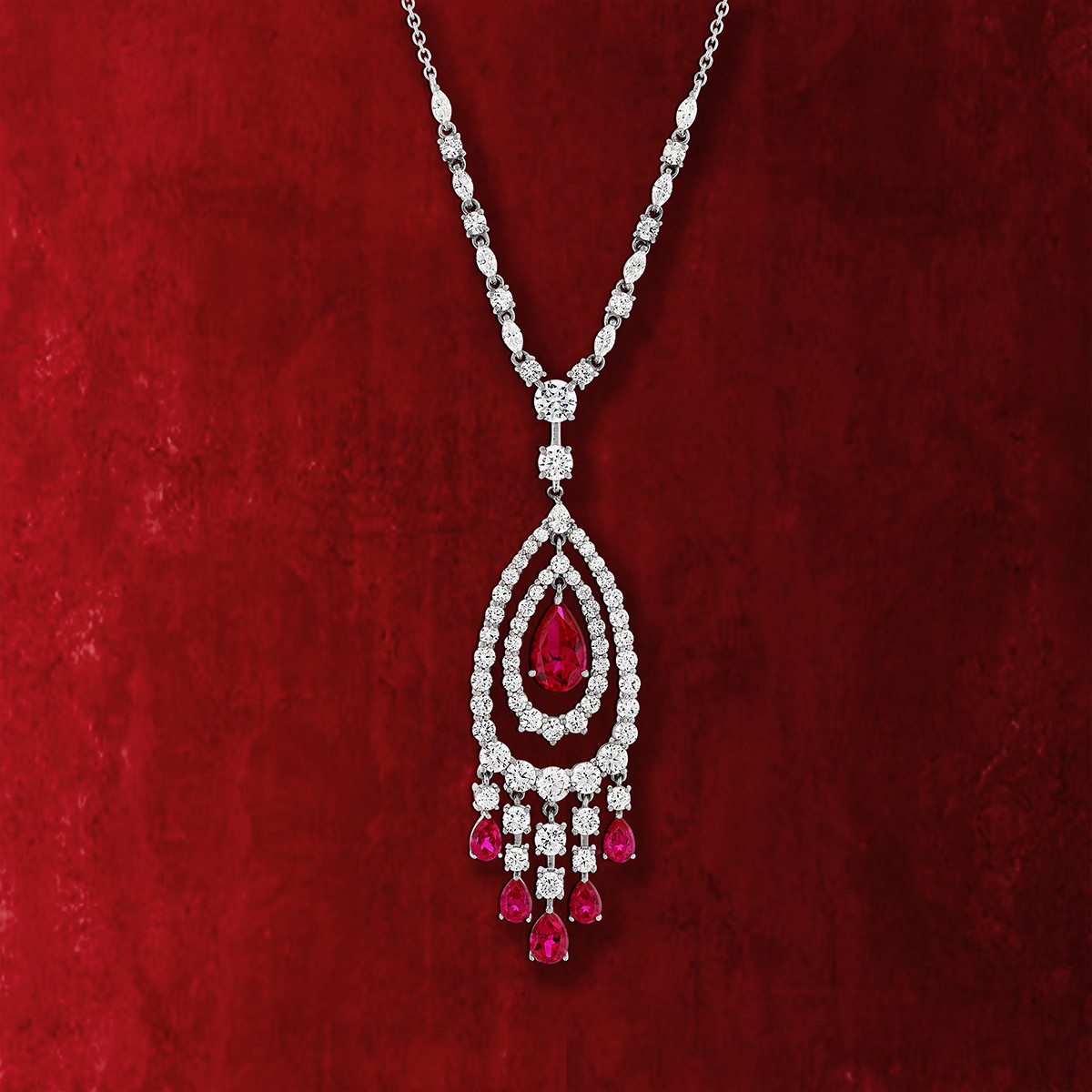 Collier argent 925, pierres synthétiques rouge zirconias 45 cm
