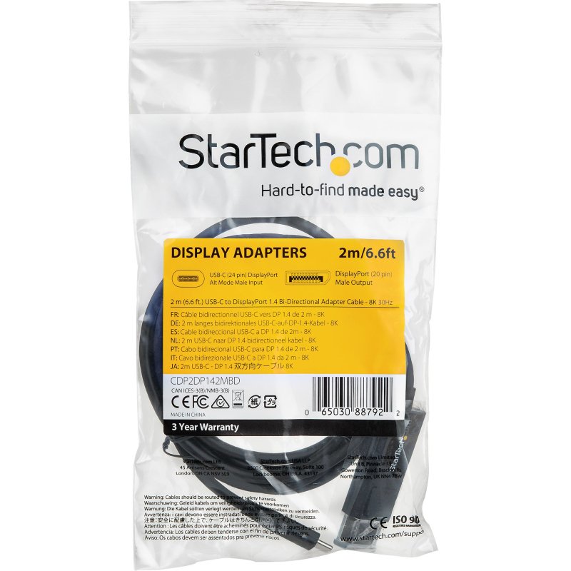 StarTech.com Câble USB Type-C vers DisplayPort 1.4 (bidirectionnel) - 2m - Adaptateur USB-C à DP