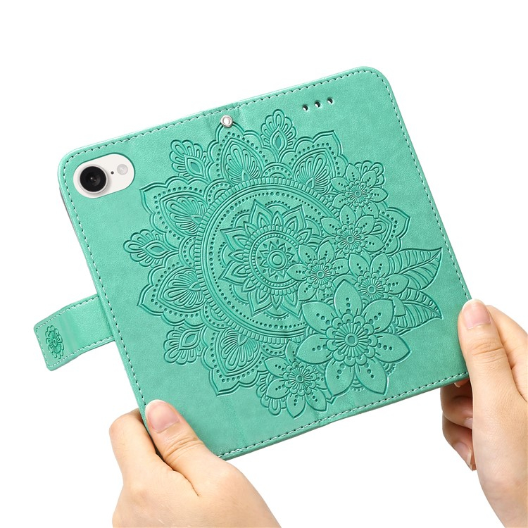 iPhone 16e Leder Tasche Wallet - Mandala Flowers Imprint - Türkis