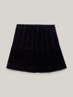 Minissaia evasê plissada em veludo jeans