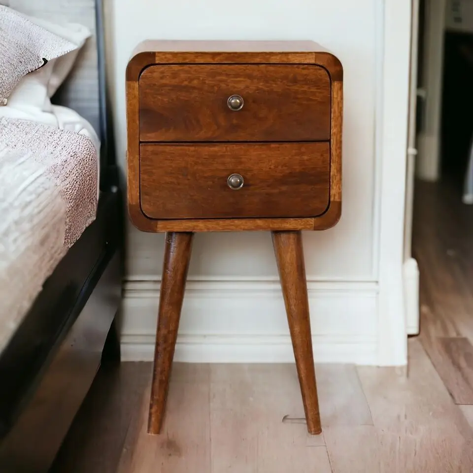 Massief Houten Kastanje Gebogen Nachtkastje