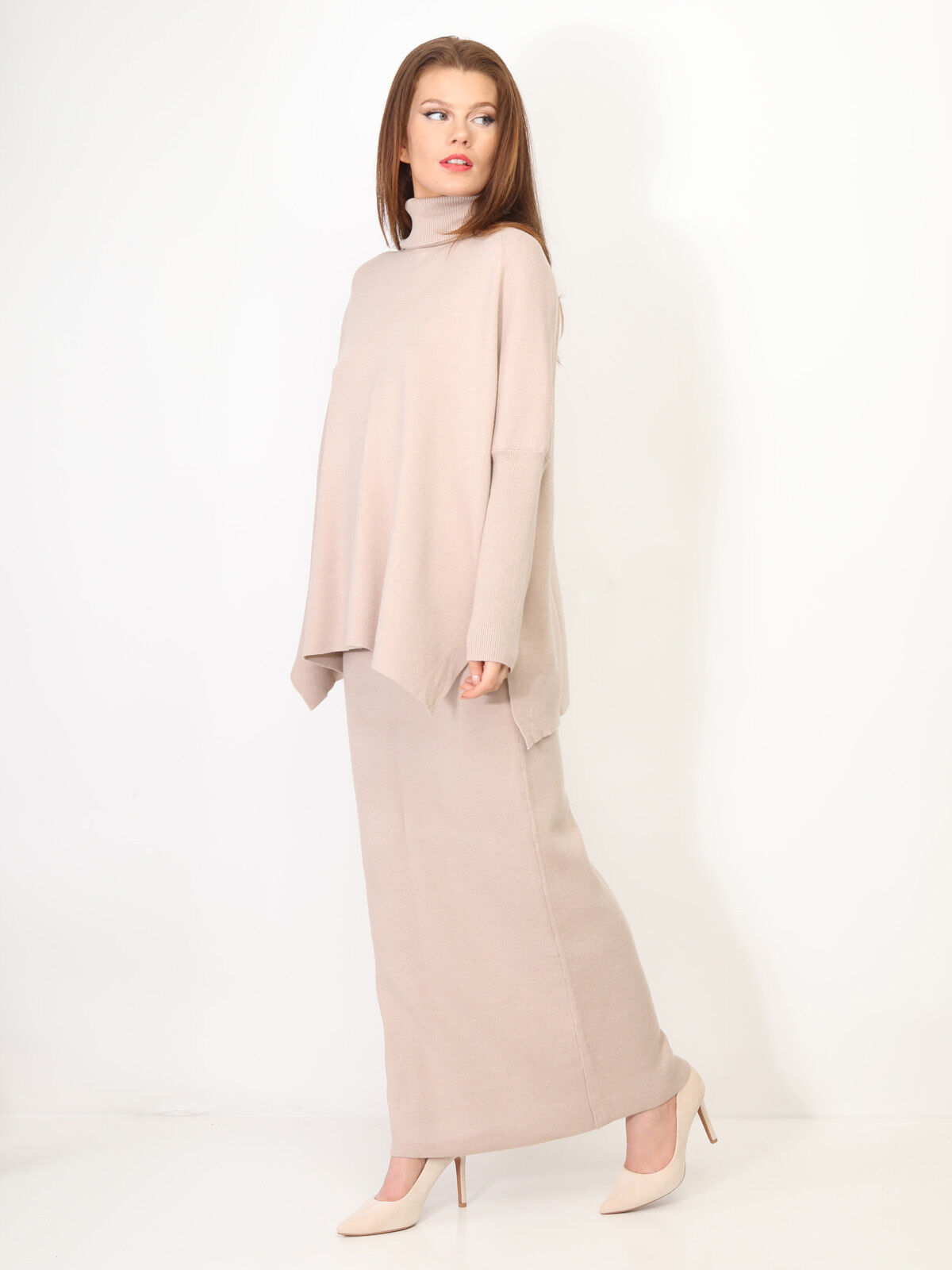 Ensemble maille jupe longue et col roulé- Beige