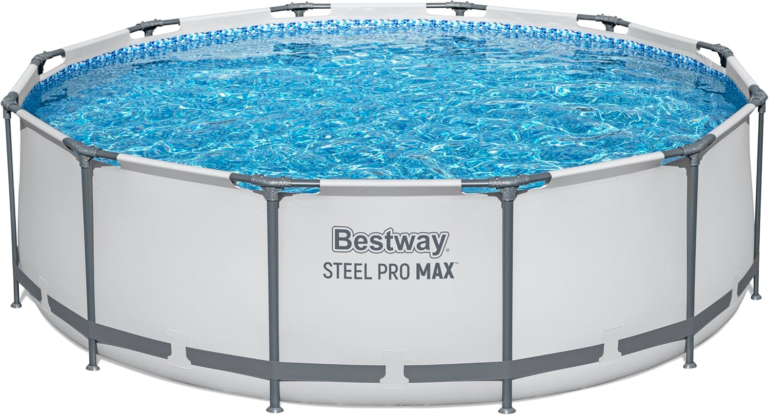 Bestway Steel Pro Max Frame Kit Piscine avec Pompe à Filtre Ø 366 x 100 cm, Gris Clair, Ronde