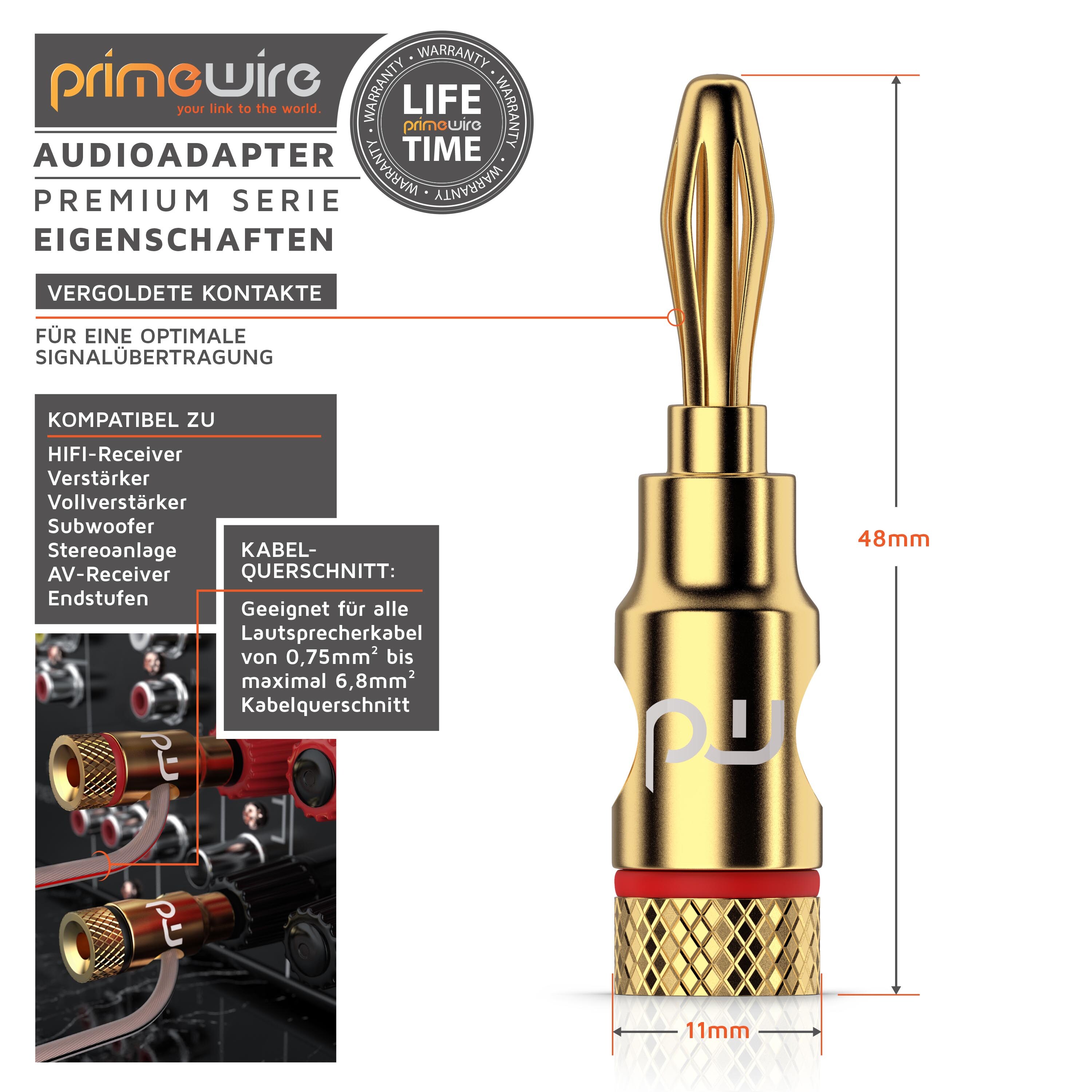 Primewire Audioadapter Bananenstecker für Kabel bis 6,8mm² - für Lautsprecherkabel, Verstärker