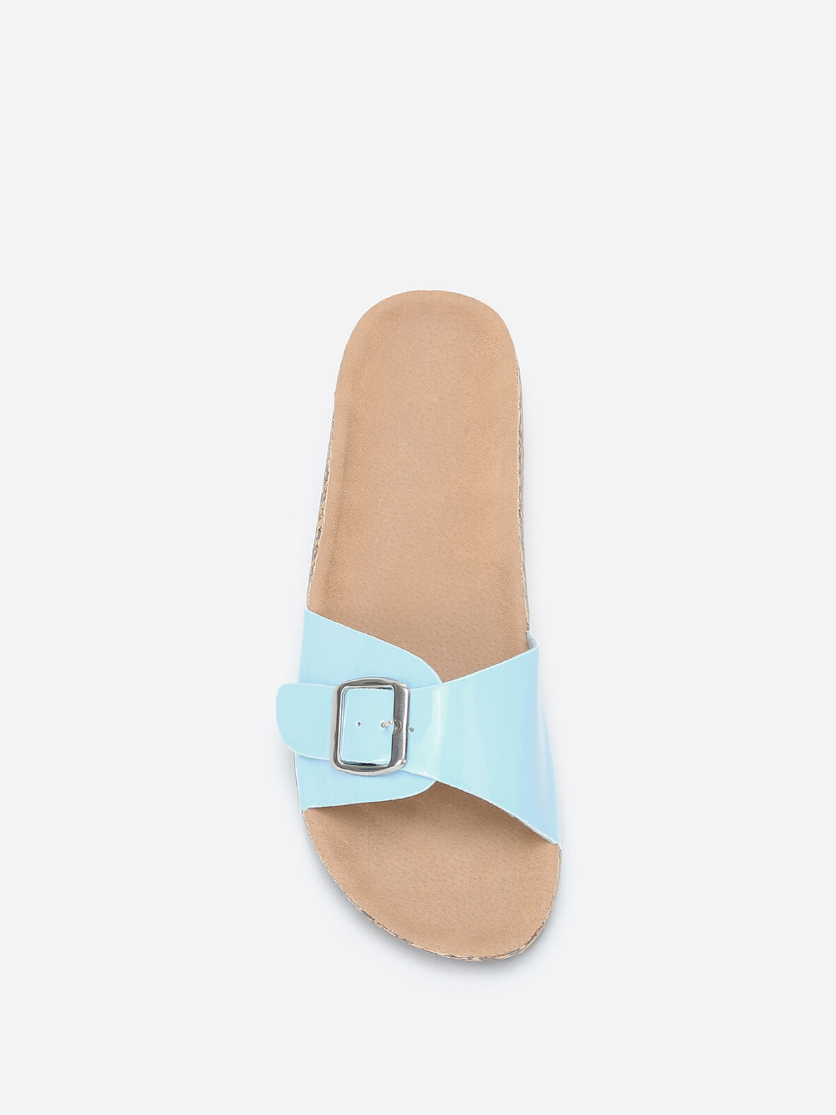 Mules ciel vernies à semelle effet liège- Bleu