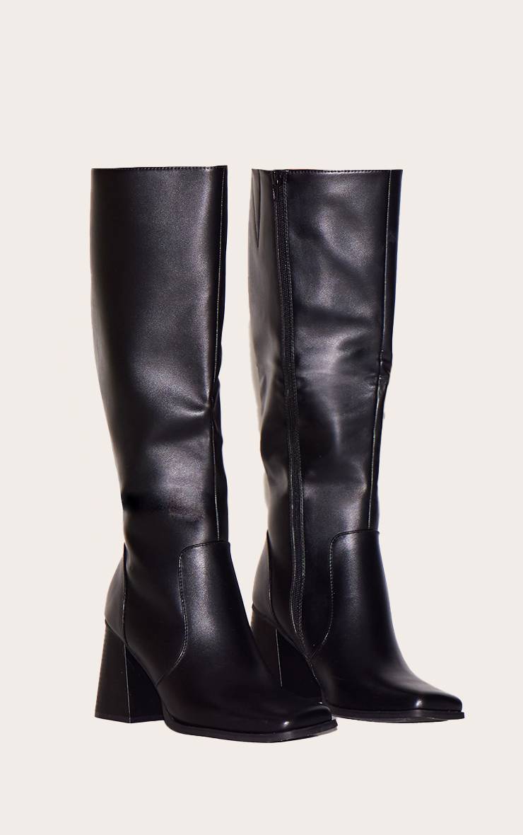 Noir Bottes Hautes Au Genou À Talon Bloc Et Bout Carré En SYNTHÉTIQUE