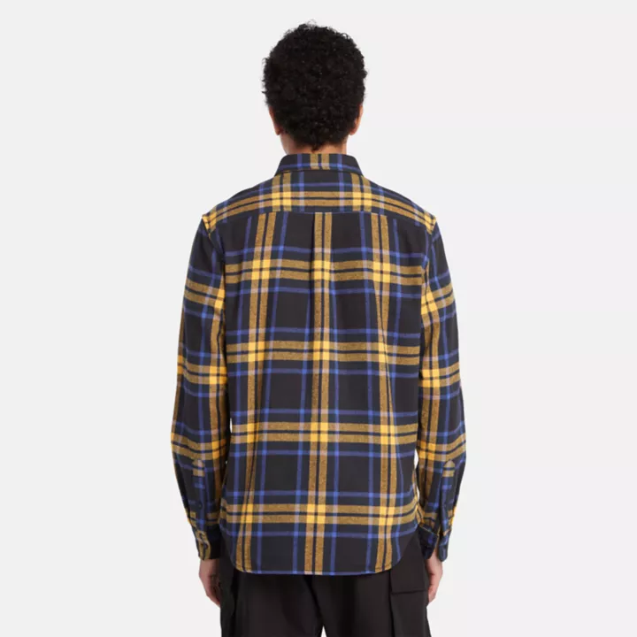 Camisa de flanela xadrez masculina em preto/azul/amarelo
