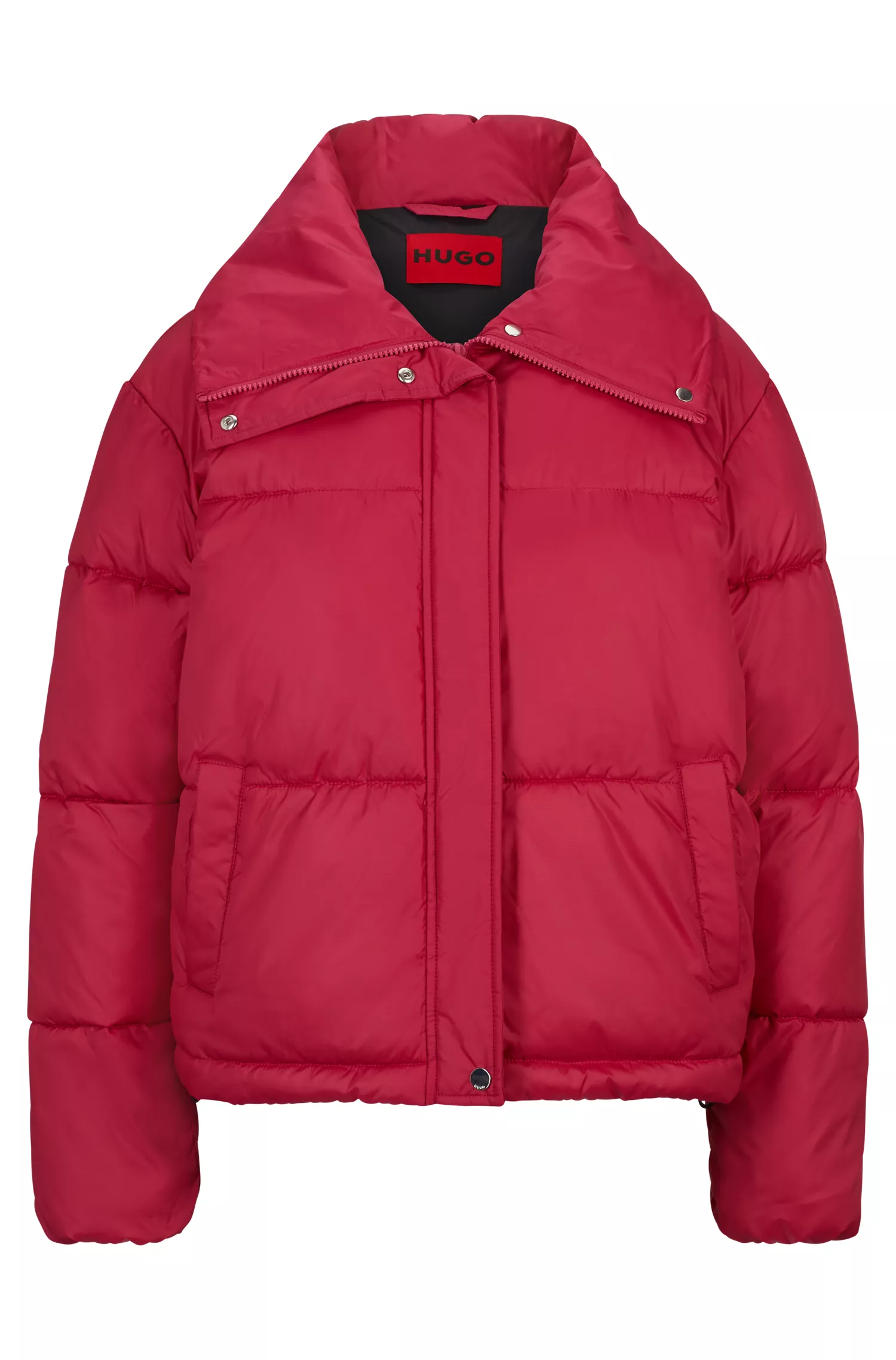 Jaqueta puffer HUGO vermelha, impermeável, com patch de logotipo.
