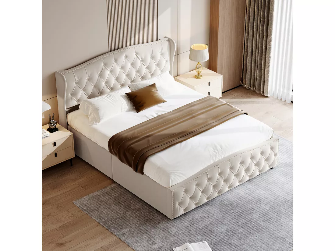 lit coffre 160x200,lit capitonné avec sommier à lattes，velours,beige