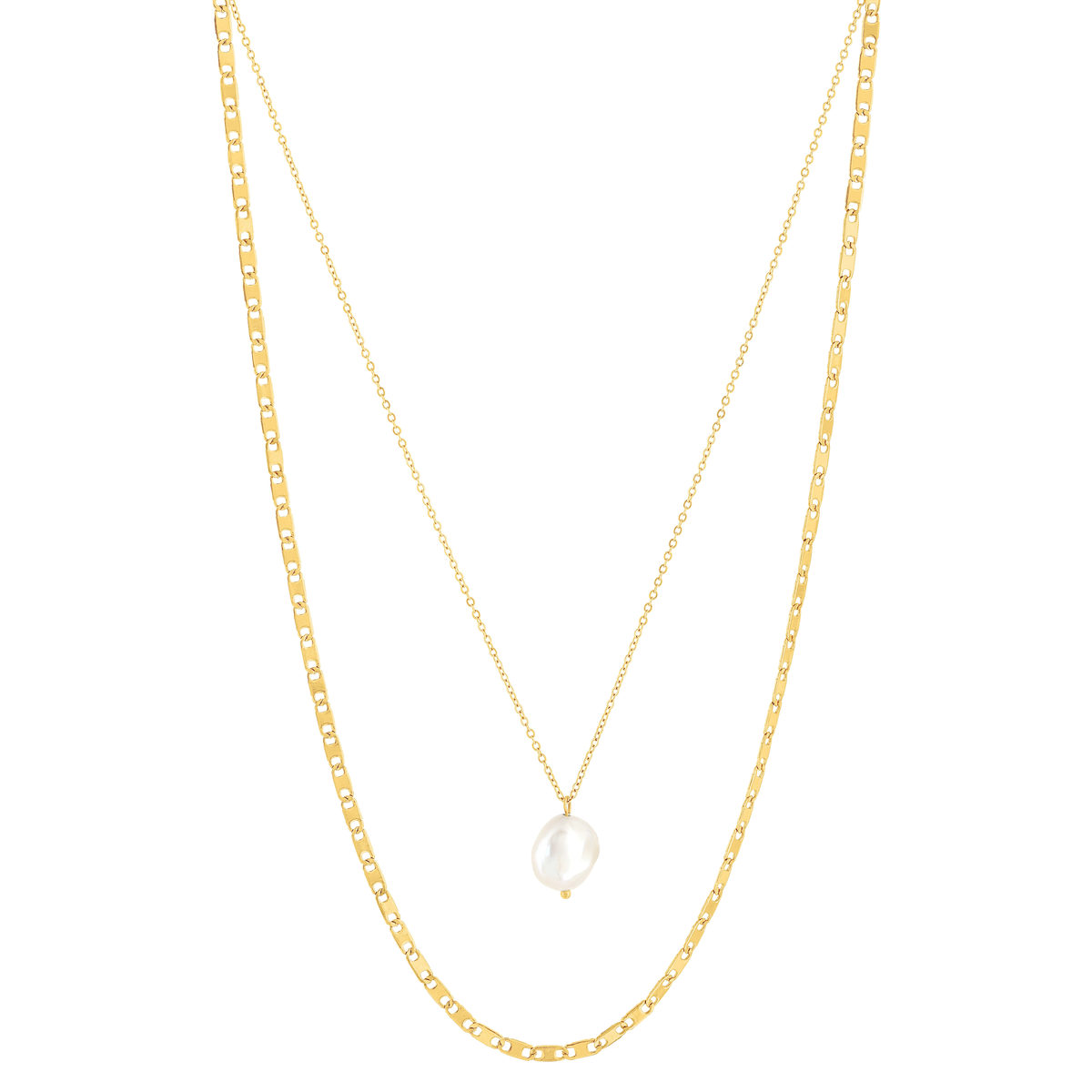 Collier acier doré 2 rangs perle d'eau douce 45 cm