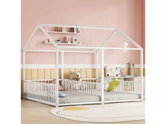 Lit d'enfant en métal 90*200 cm, barrières, échelle, moulures, lit double, cadre en fer, blanc