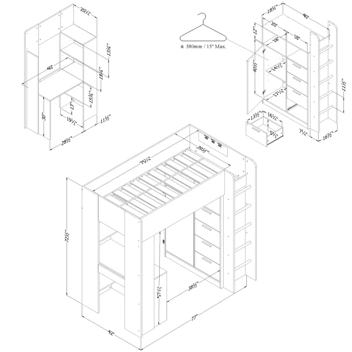 South Shore Lit Simple Mezzanine avec bureau - Logik Naturel