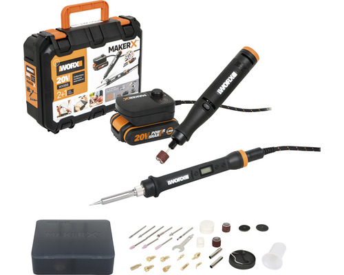 WORX MakerX - Dubbele set WX988 bestaande uit soldeerbout WX744, multitool WX739.9 incl. HubX accuadapter WA7161 20V en accu (2.0Ah)