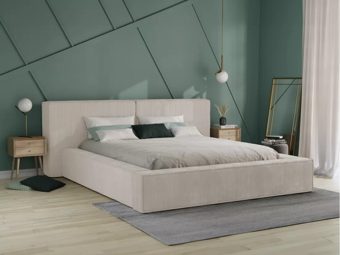 Lit coffre 160 x 200 cm - Velours côtelé - Beige + Matelas - TIMANO de Pascal Morabito