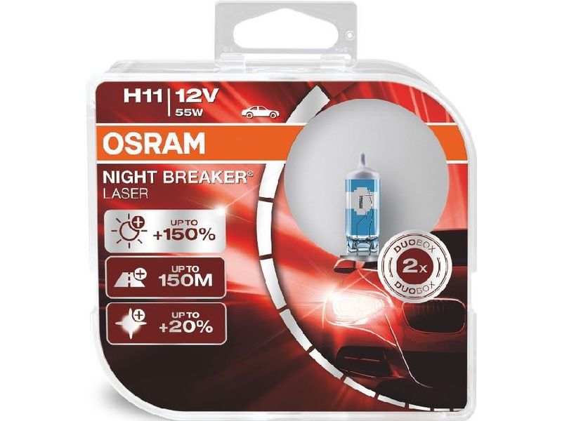 OSRAM Night Breaker Laser Duobox H11 12V 55W PGJ19-2 PKW Halogenlicht mit ausgezeichneter Helligkeit