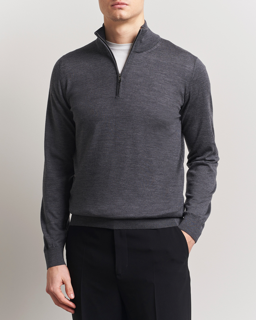 Piacenza Cashmere Merino Wool Crew Neck Half Zip Charcoal