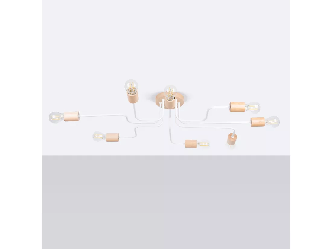 Lustre Timbo grenier en acier/bois - 8 sources lumineuses - L.100 x H.16,5 cm - blanc/bois naturel