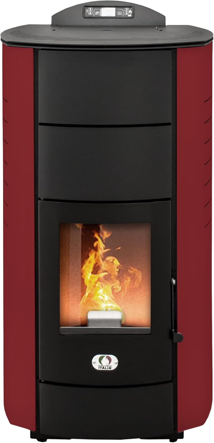 STUFE A PELLET ITALIA Manhattan 22 KW | Hydro-Pelletöfen für Heizung und Warmwasser 89% Effizienz Heizt 140m² Autonomie 22 Std Programmierbar 5 Geschwindigkeiten und Kräfte 24 Monate Garantie Rot