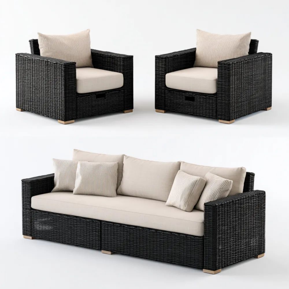 Garten-Sofaset Rattan 3-Sitzer mit 2 Sesseln 200x75x66 cm – Schwarz/Be