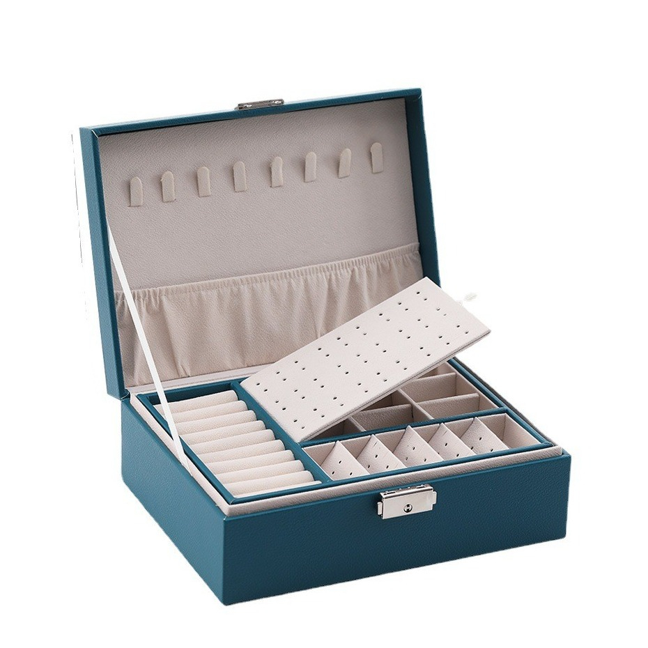 Leder Schmuckschatulle mit Schloss Aufbewahrungsbox Organizer für Ringe / Halskette / Ohrringe / Armbänder - Petrol