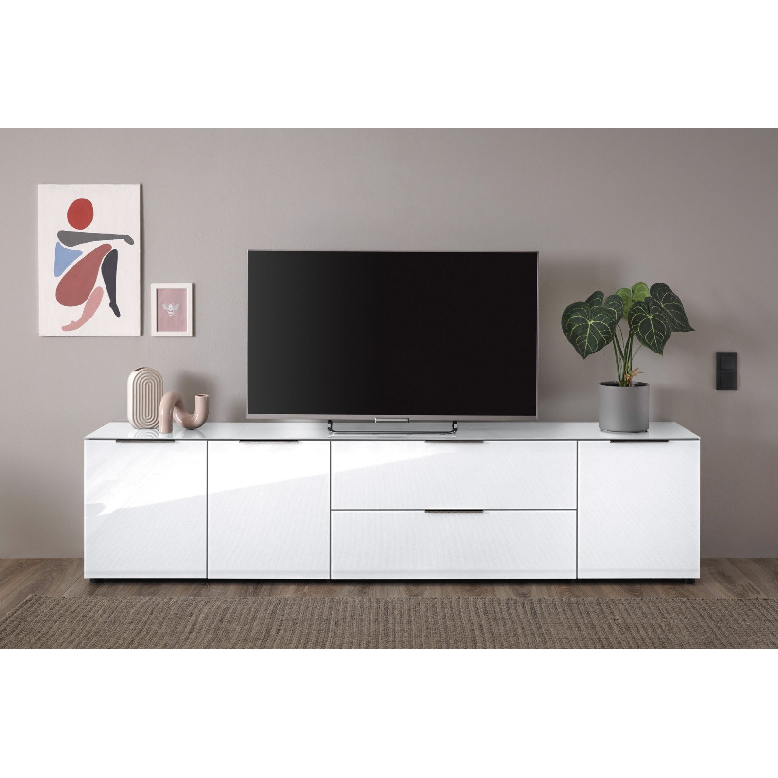 TV-Möbel Santo, Spanplatte Glas weiss, 225,5 x 54,5 x 40 cm