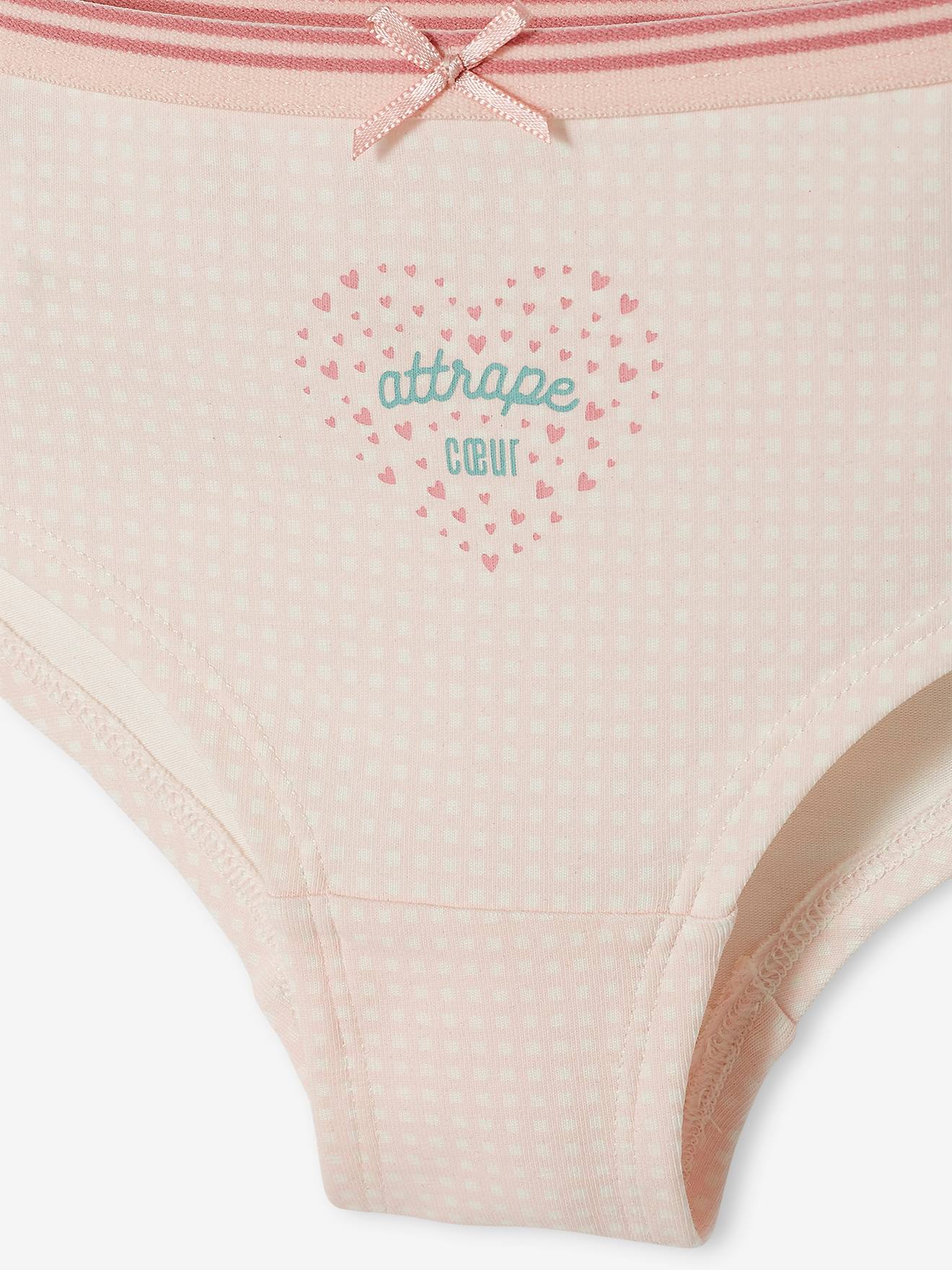 Pacote com 5 calcinhas curtas com estampa de corações, rosa claro, para meninas.