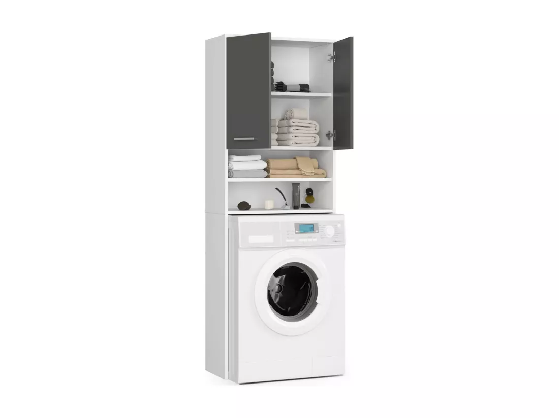 Meuble pour machine à laver FIN Blanche 64 cm 2 portes façade Gris Graphite niche 4 étagères 64x30x180 cm