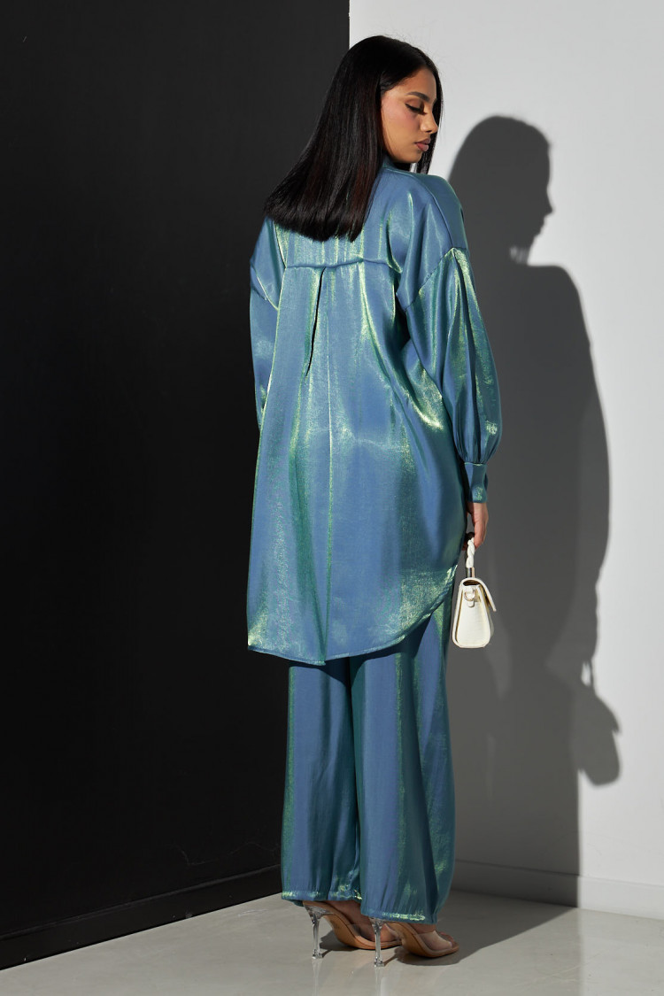 Ensemble 2 pièces chemise + pantalon satiné bleu