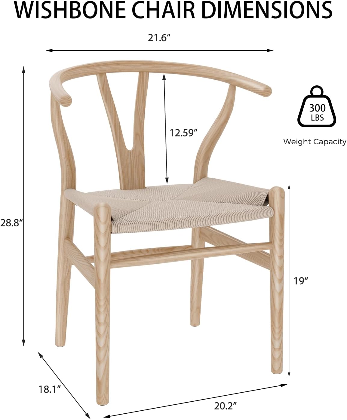 Tomile Wishbone-Stuhl,Y-Stuhl, Massivholz, Esszimmerstuhl mit Rattan, natürlich, Eschenholz, natürliche Holzfarbe