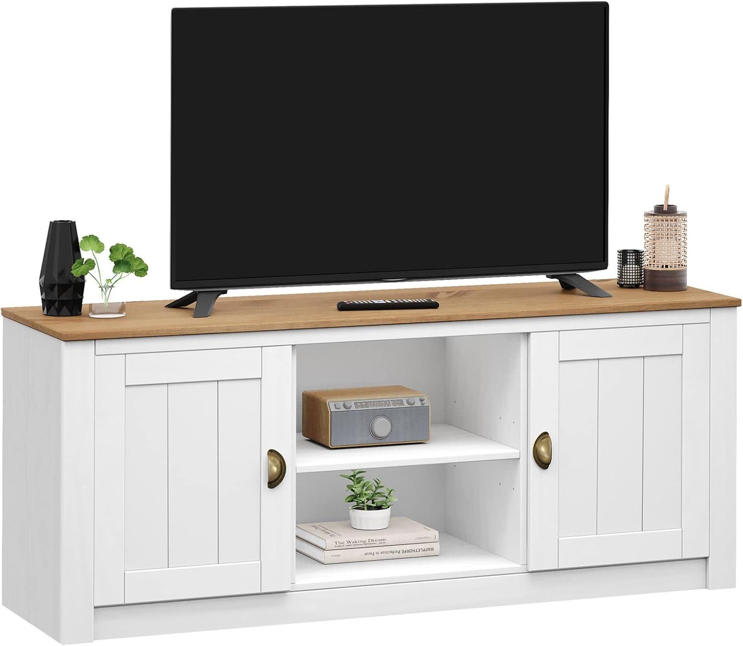 IDIMEX TV Lowboard Bolton aus Kiefer Massivholz, TV Bank im Landhausstil mit 2 Türen und Muschelgriffen, Lowboard aus Kiefer, Massivholz lackiert in weiß/braun