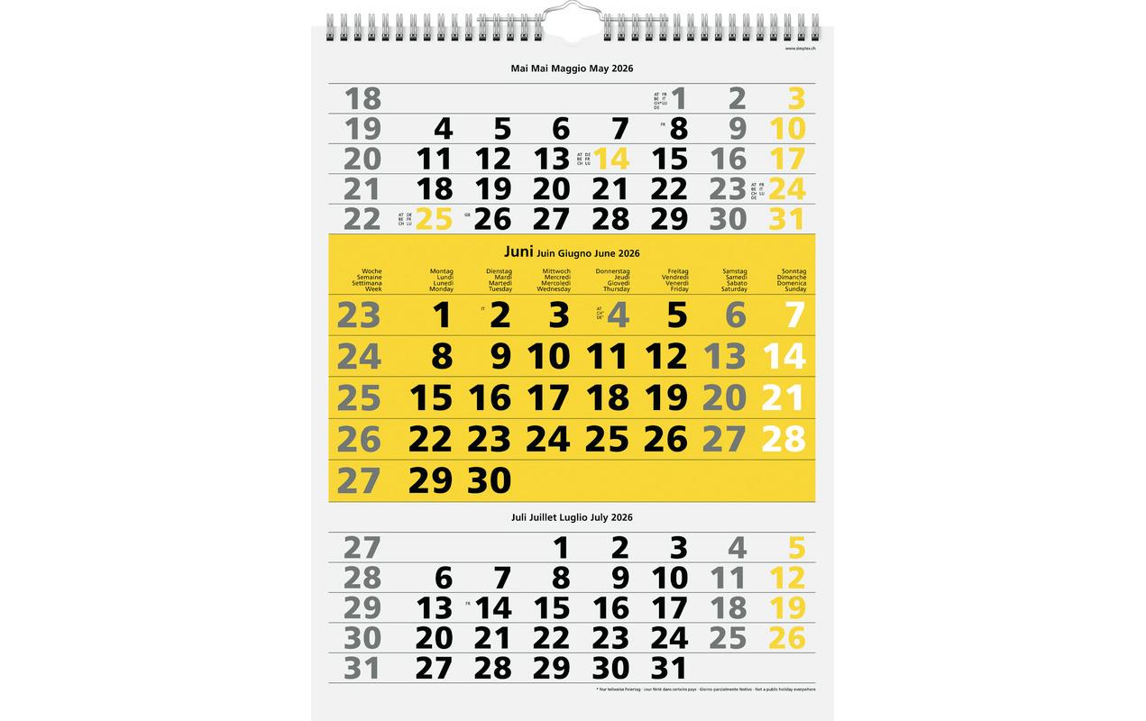 3-Monatskalender mit Spiralbindung 2026, 31 x 40 cm, GelbWandkalender