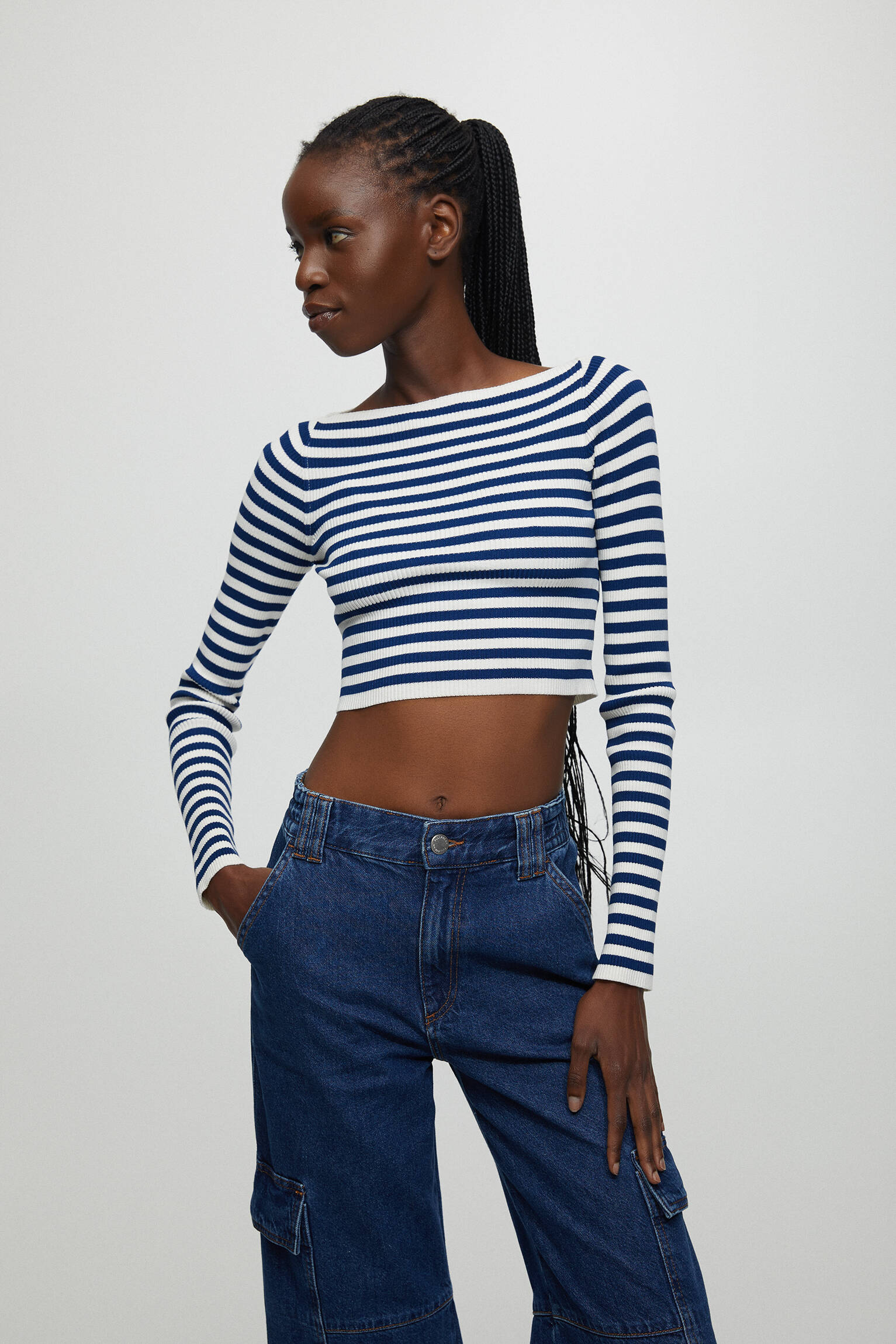 CAMISA LISTRADA COM DECOTE CANOA - AZUL