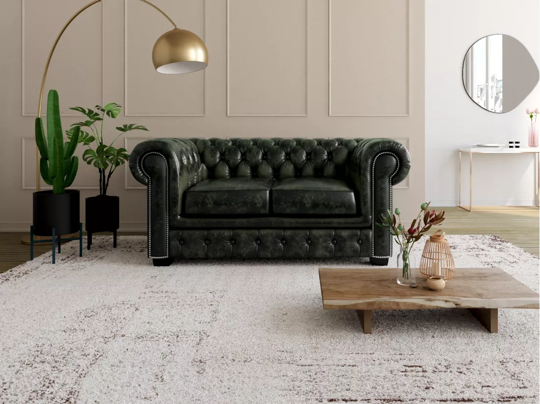 Canapé chesterfield 2 places BRENTON 100% cuir de buffle - Vert empire