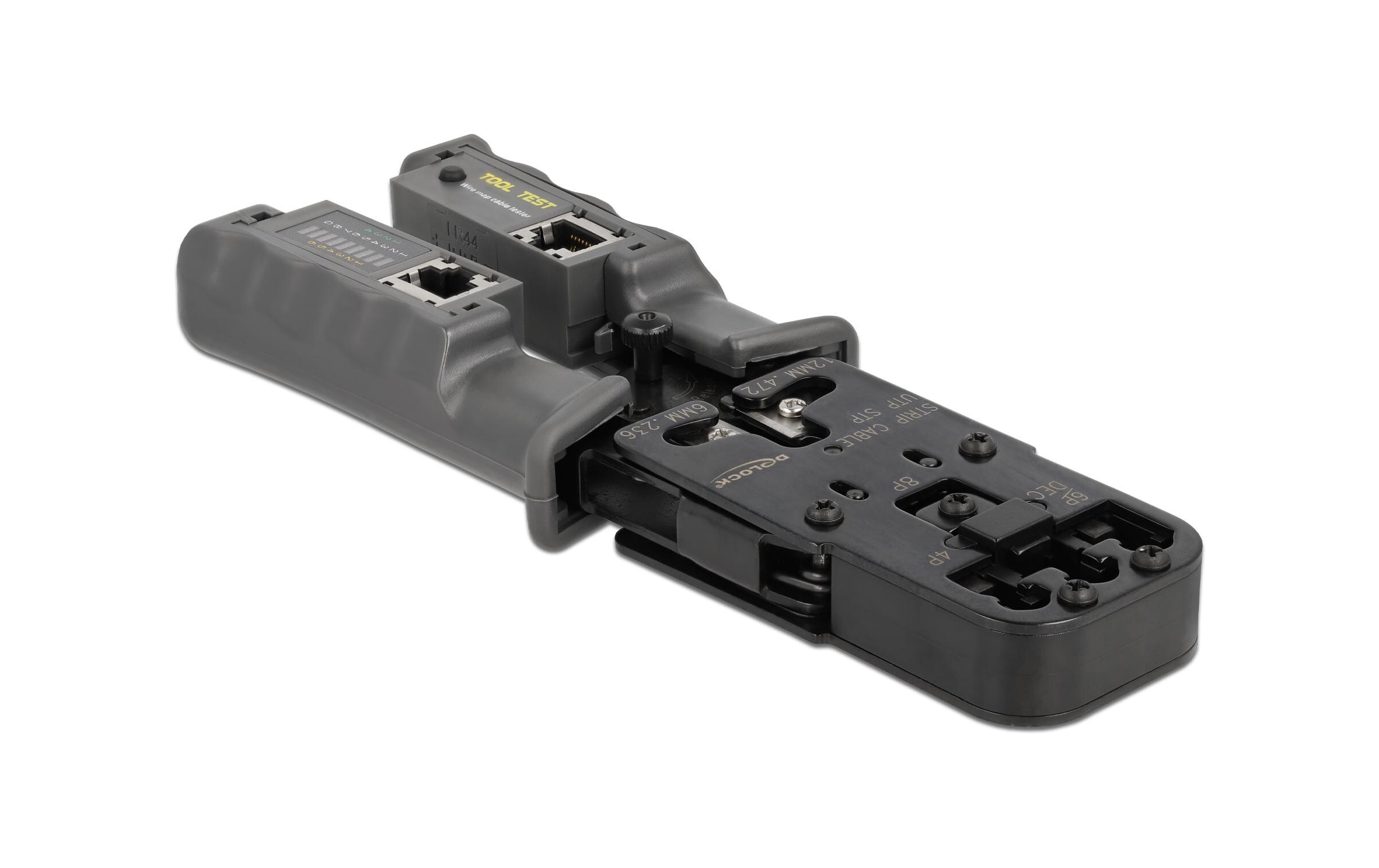 Crimpzange mit Abisolierer und NetzwerktesterCrimpzange mit Abisolierer und Netzwerktester für 8P (RJ45), 6P (RJ12/11), 6P DEC oder 4P (RJ10) Stecker