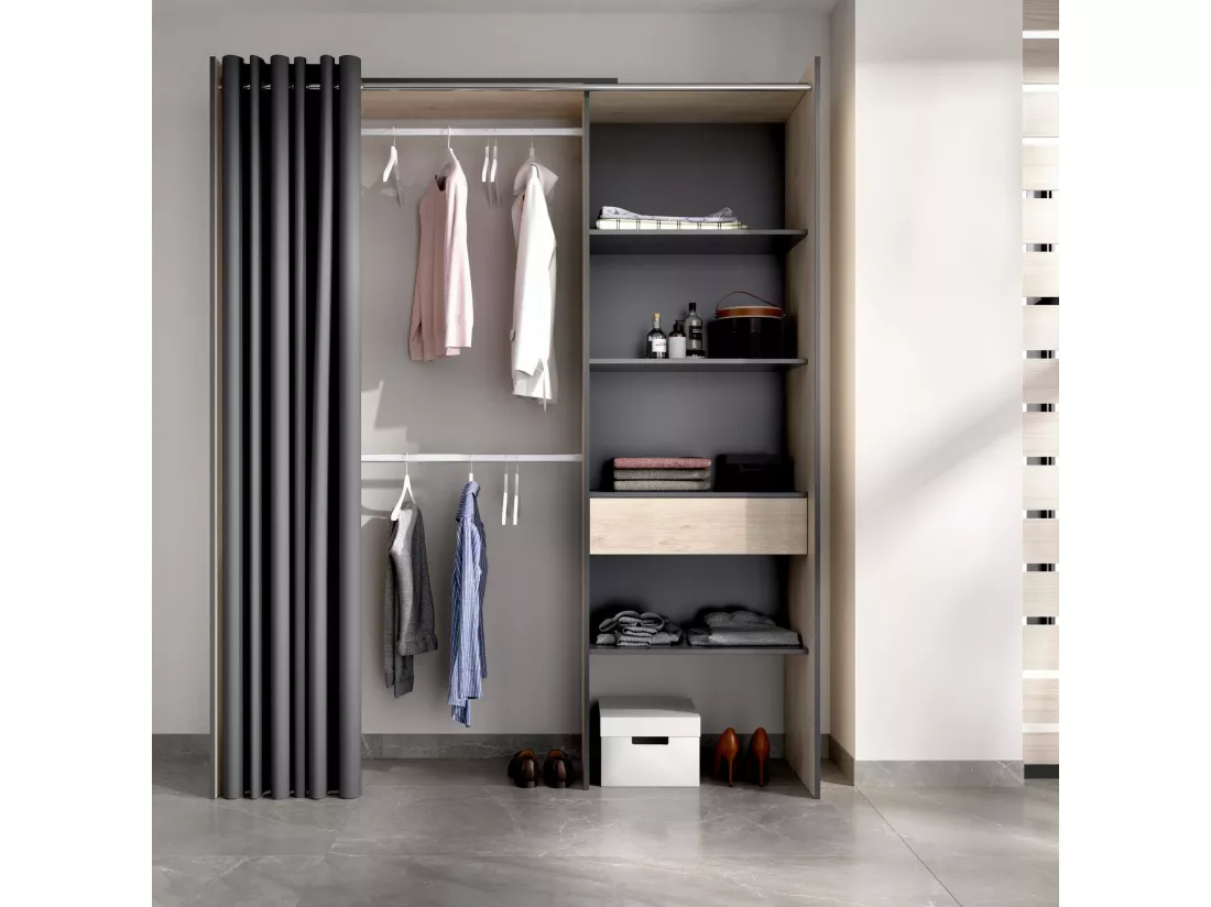 Armoire Dober, Structure pour dressing avec rideau, Cintre ouvert, 160x50h205 cm, Chêne et Anthracite