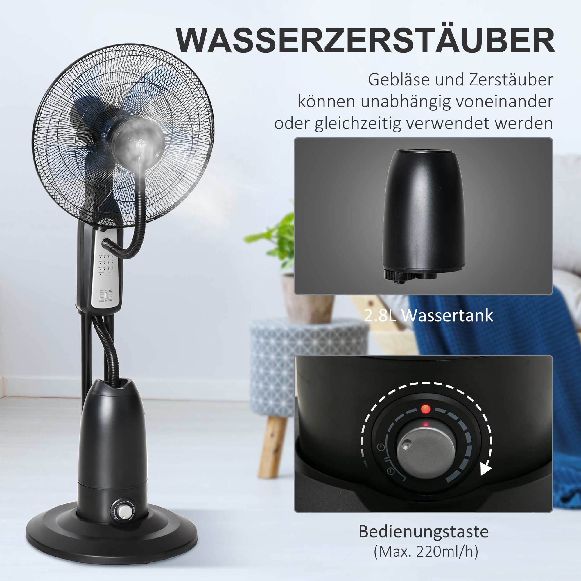 HOMCOM Standventilator mit Wasserzerstäuber schwarz 44,5 x 120 cm (ØxH)