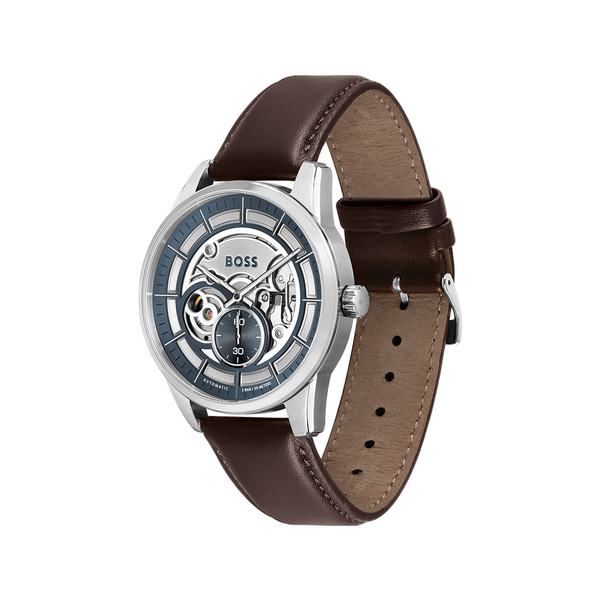 Montre Boss homme automatique acier bracelet cuir marron