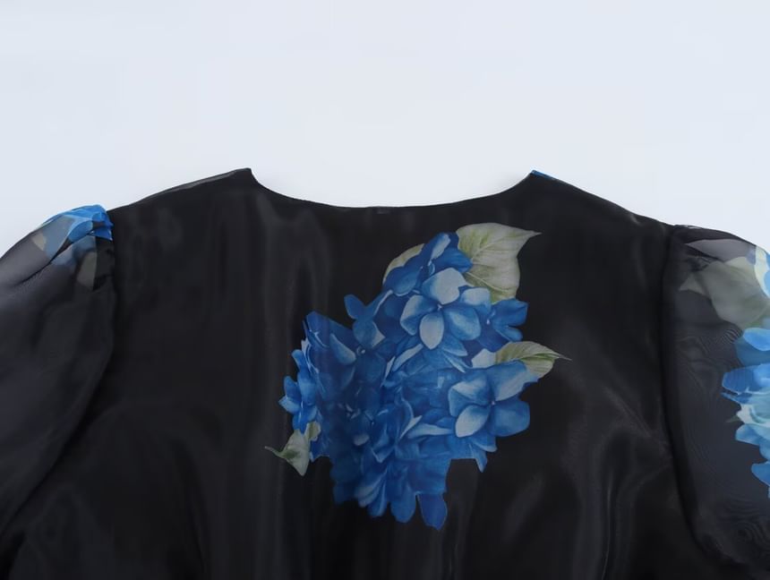 Cumulys - Mini A-lijn jurk met lange mouwen, V-hals en bloemenprint