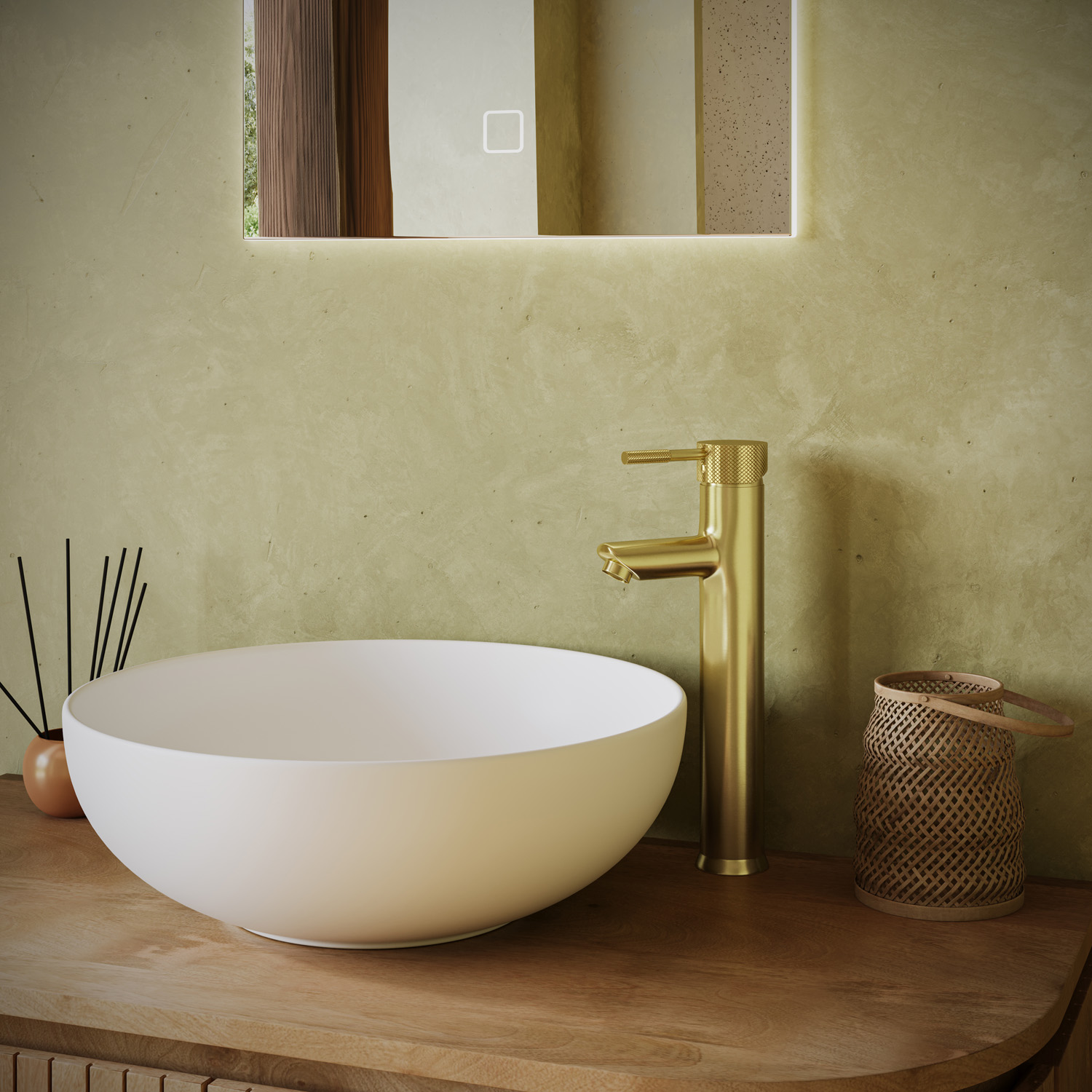 Saniclear Brass Curved verhoogde wastafelkraan geborsteld messing - mat goud