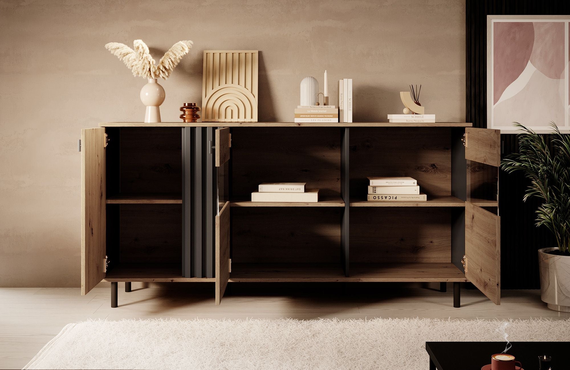 Meubella - Dressoir Marcos - Eiken - Antraciet - 165 cm - met glas
