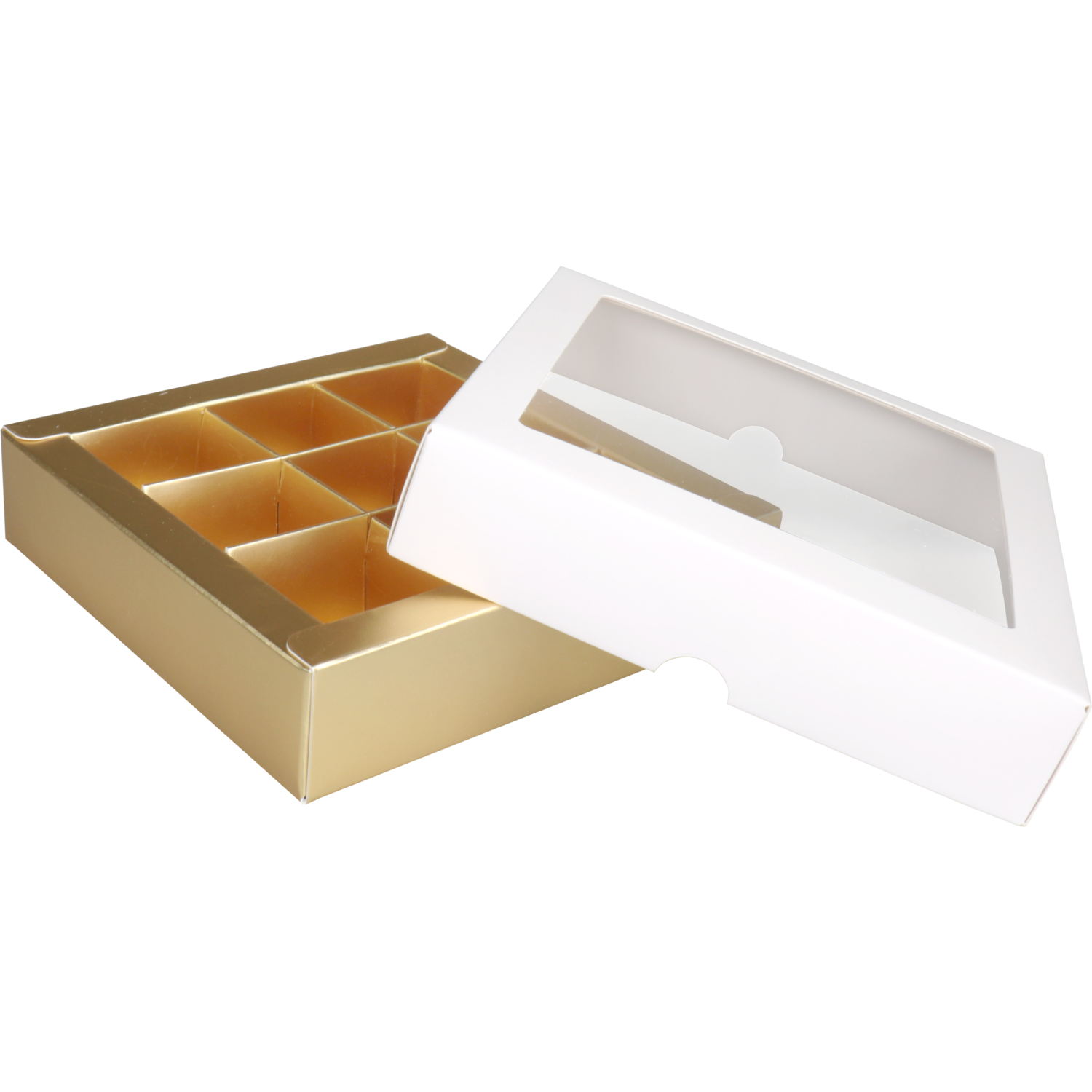 Bonbondoosje, karton + PP, 9-vaks, 105x105x30mm, wit/goud